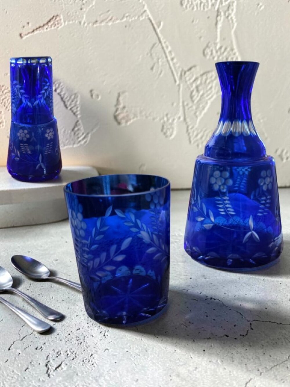 VINTAGE ROMANIAN COBALT Cut to Clear Tumble Up Carafe & Tumbler